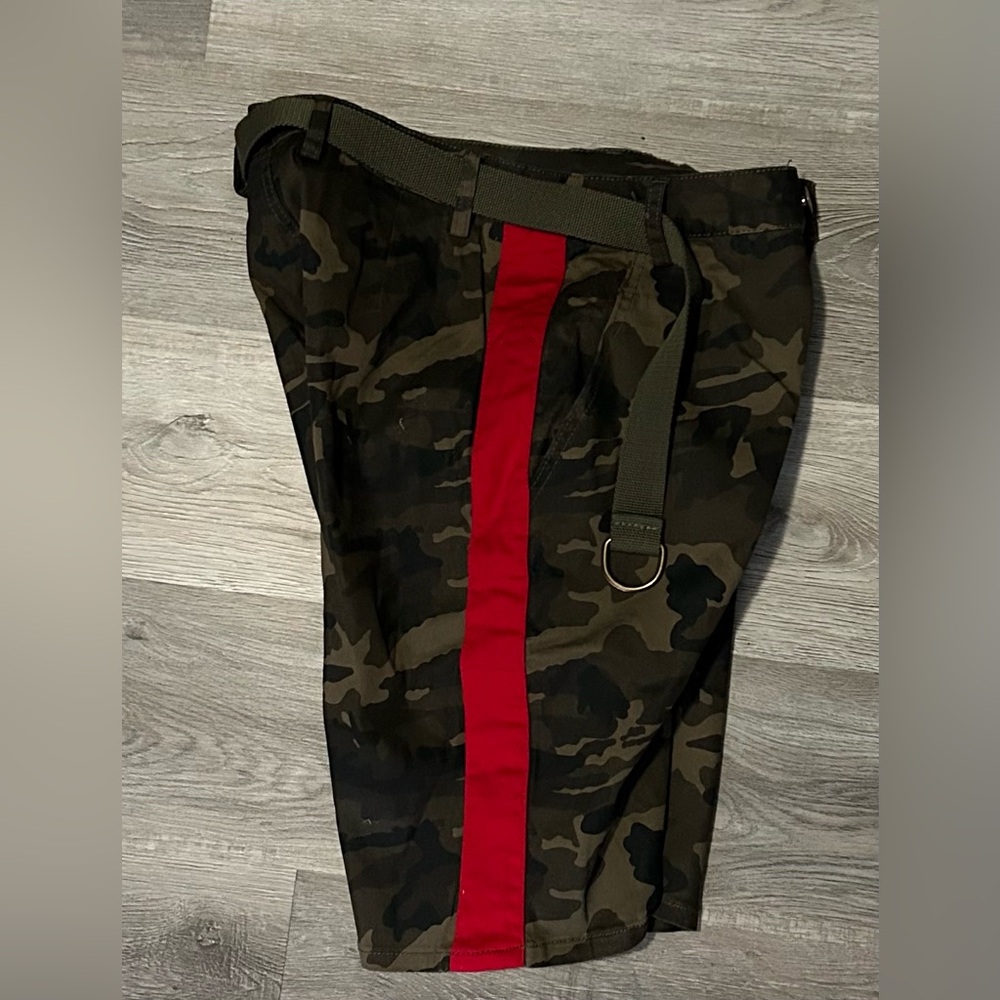 Camo shorts with red stripe